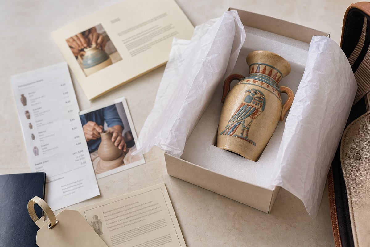 Modern ceramic souvenir packed with receipt, maker card, and reproduction documentation for travel
