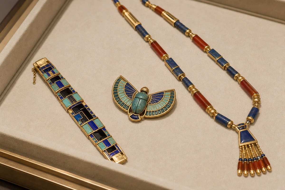 Geometric blue and black bracelet, winged scarab brooch, and long red-blue-gold sautoir on cream velvet