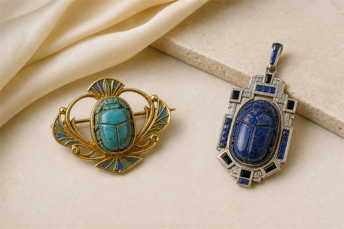 Gold Egyptian Revival scarab brooch beside a geometric Art Deco lapis scarab pendant.
