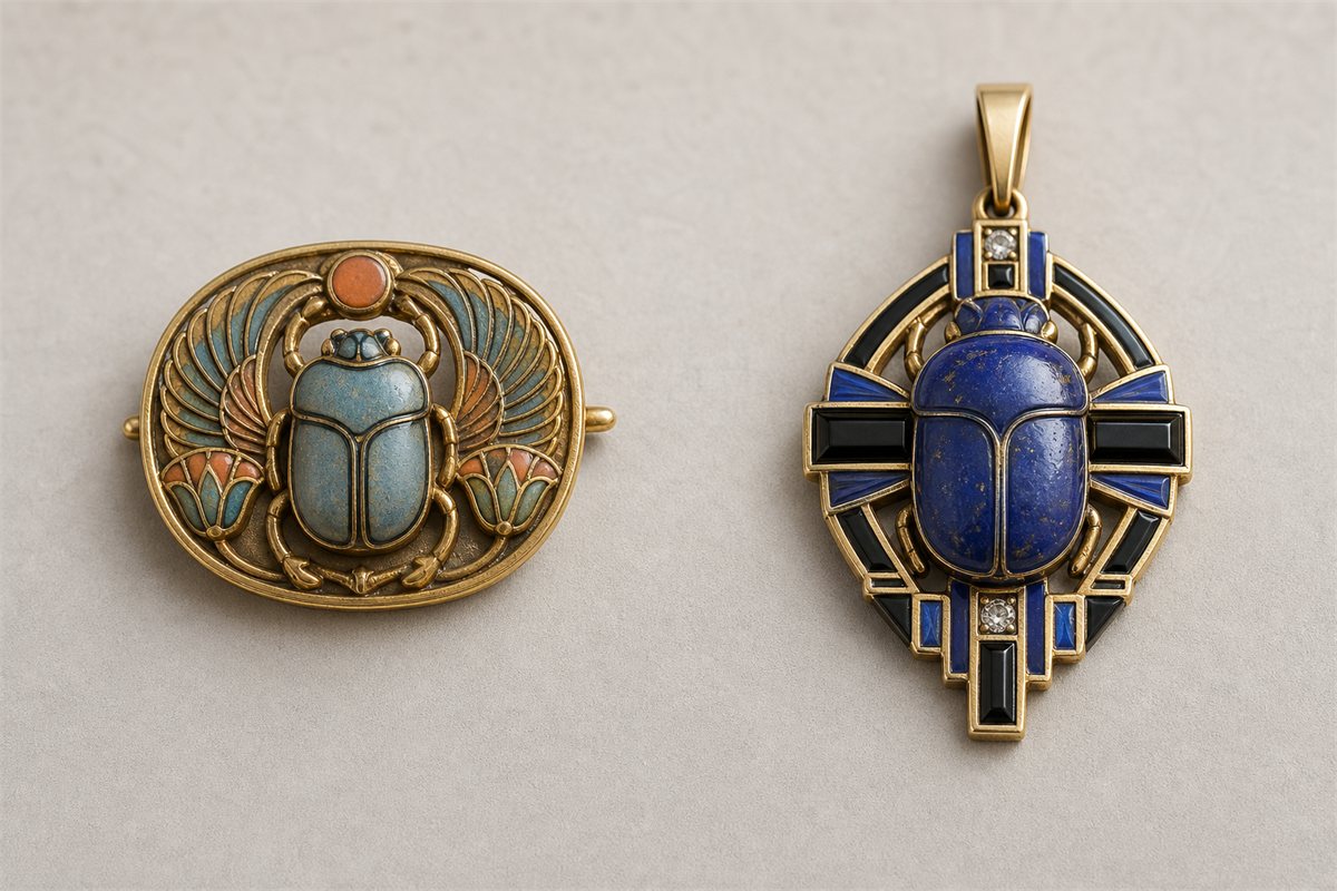 Gold and enamel scarab brooch beside a geometric blue enamel and onyx scarab pendant