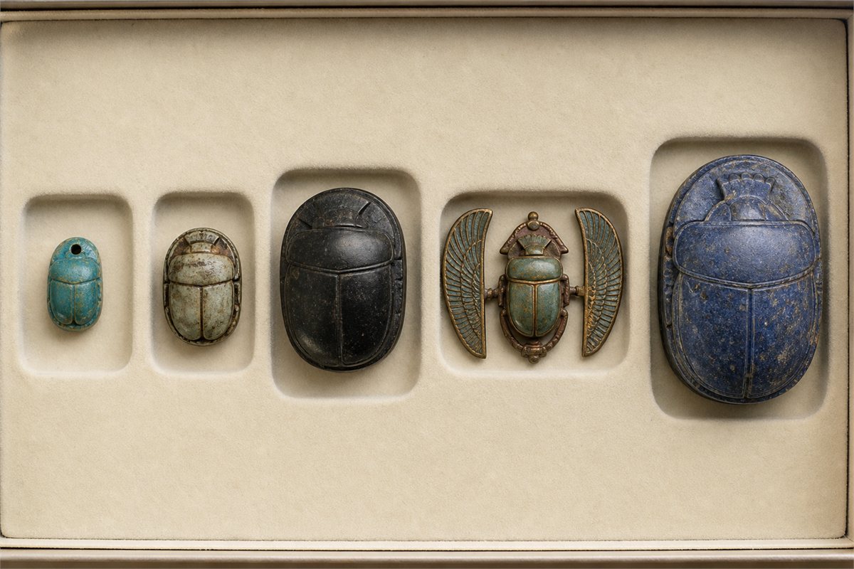 Museum tray with a small pierced scarab, seal scarab, large heart scarab, winged scarab, and large commemorative scarab