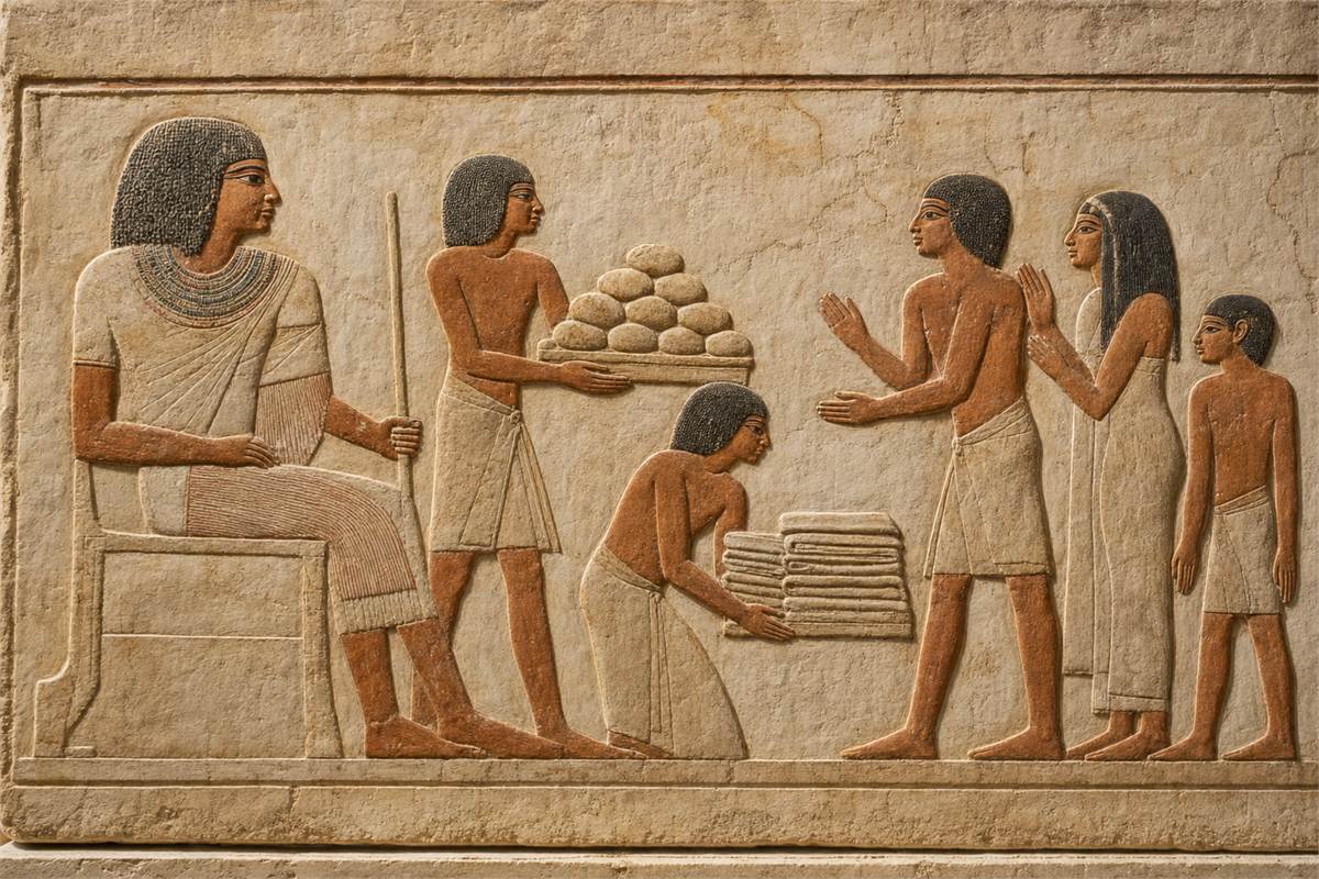 Educational Middle Kingdom-style relief reconstruction of an Egyptian official overseeing bread and folded linen given to local people