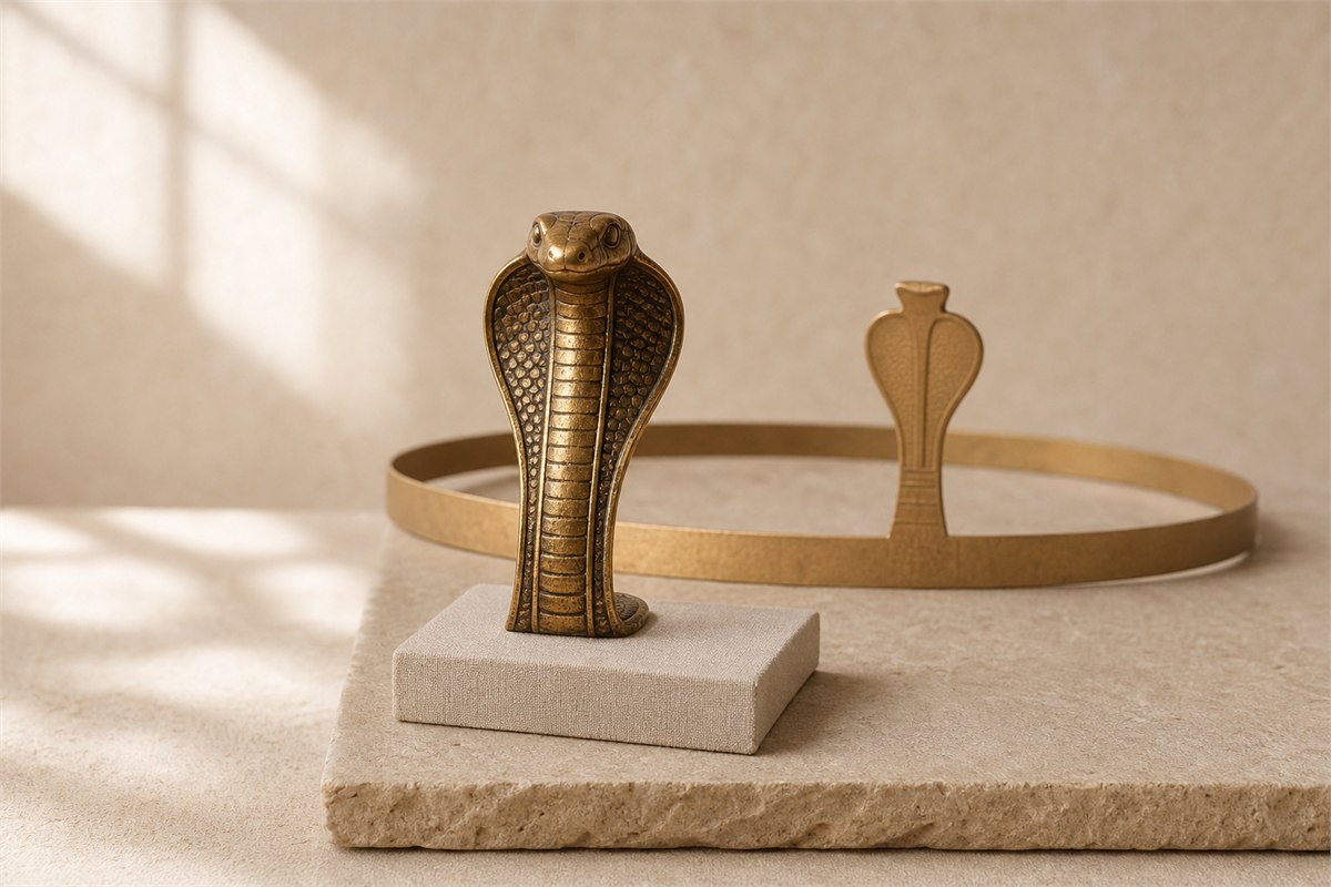 Historically informed upright gold cobra emblem displayed beside a simple brow-band silhouette