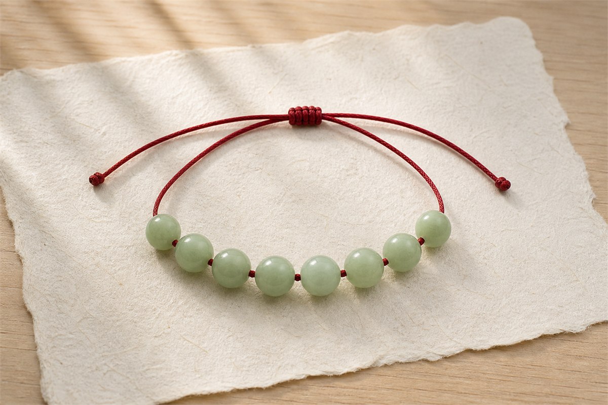 Minimal cord bracelet with exactly eight large green stone beads