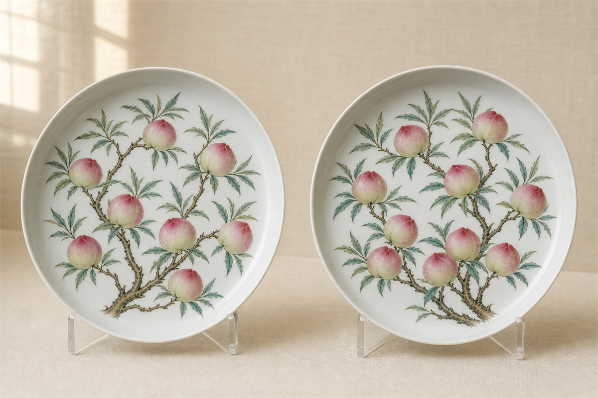Two unmarked porcelain dishes displayed side by side with eight peaches on the left and nine on the right