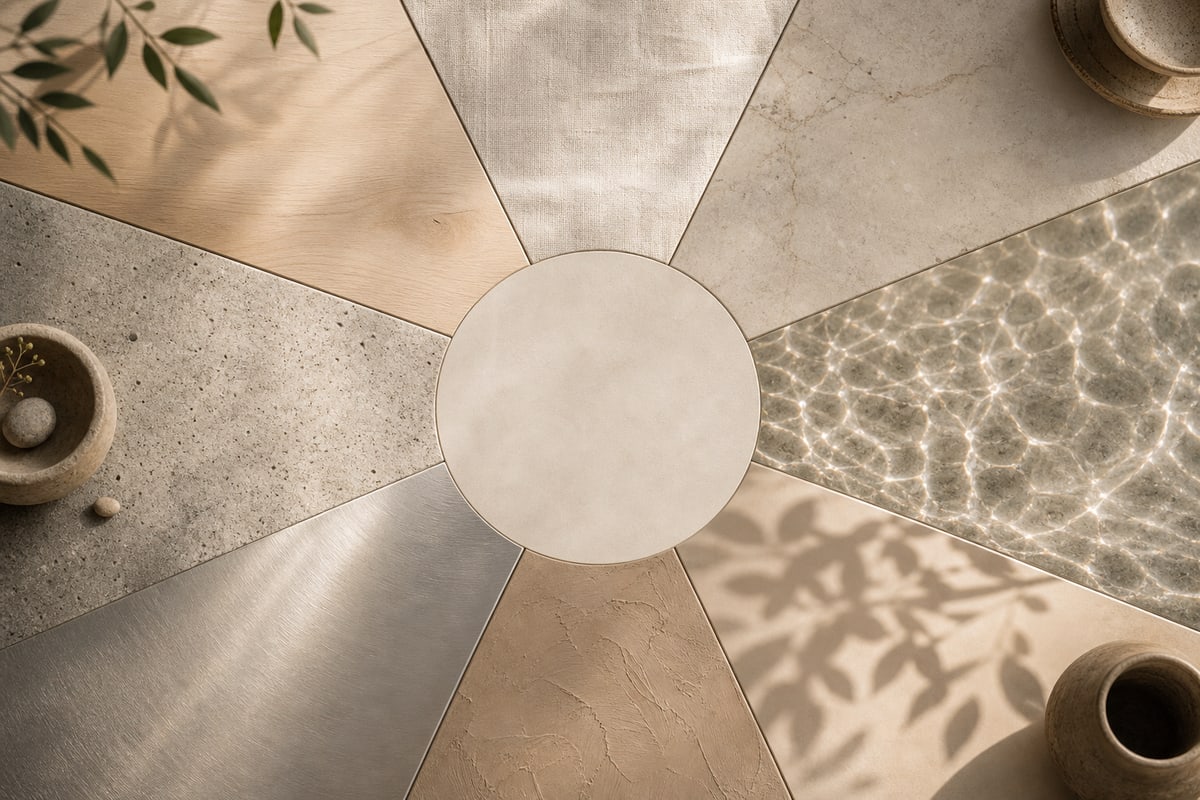 Overhead circular arrangement of eight natural material and light zones around an open center