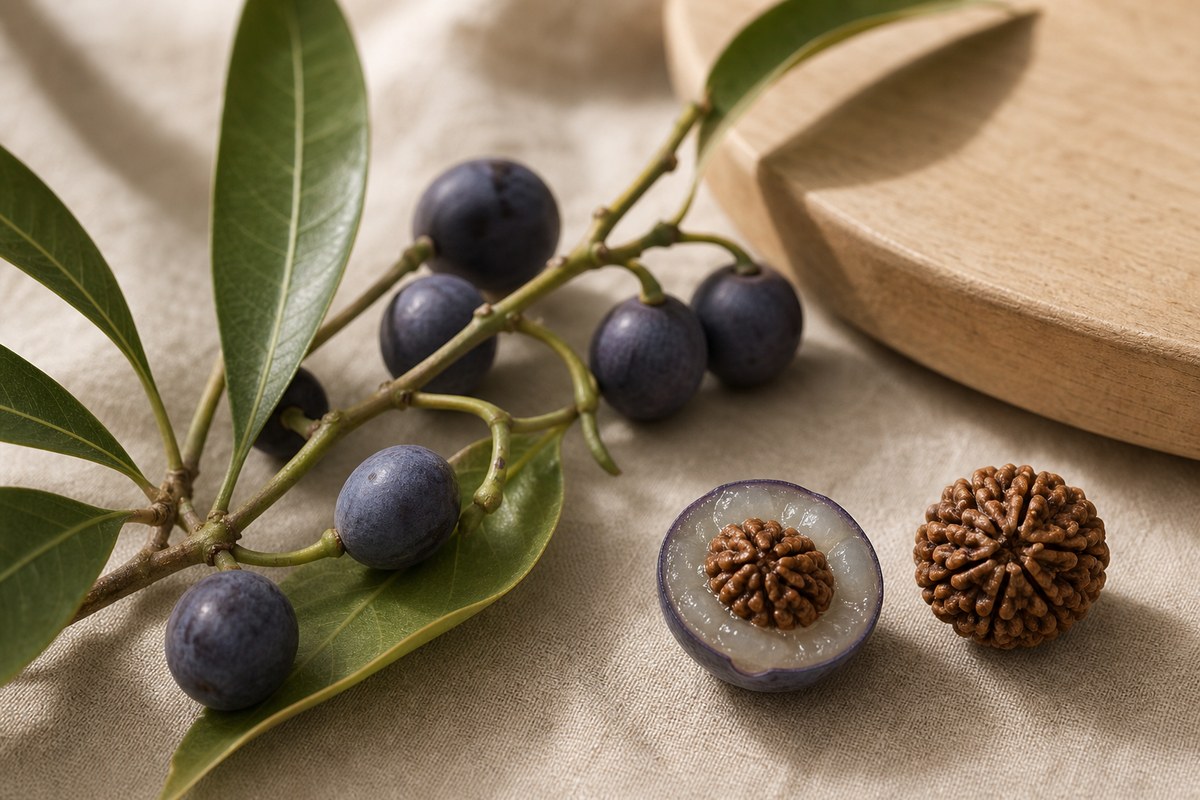 Blue-violet Elaeocarpus fruits with exposed flesh and a hard grooved Rudraksha endocarp