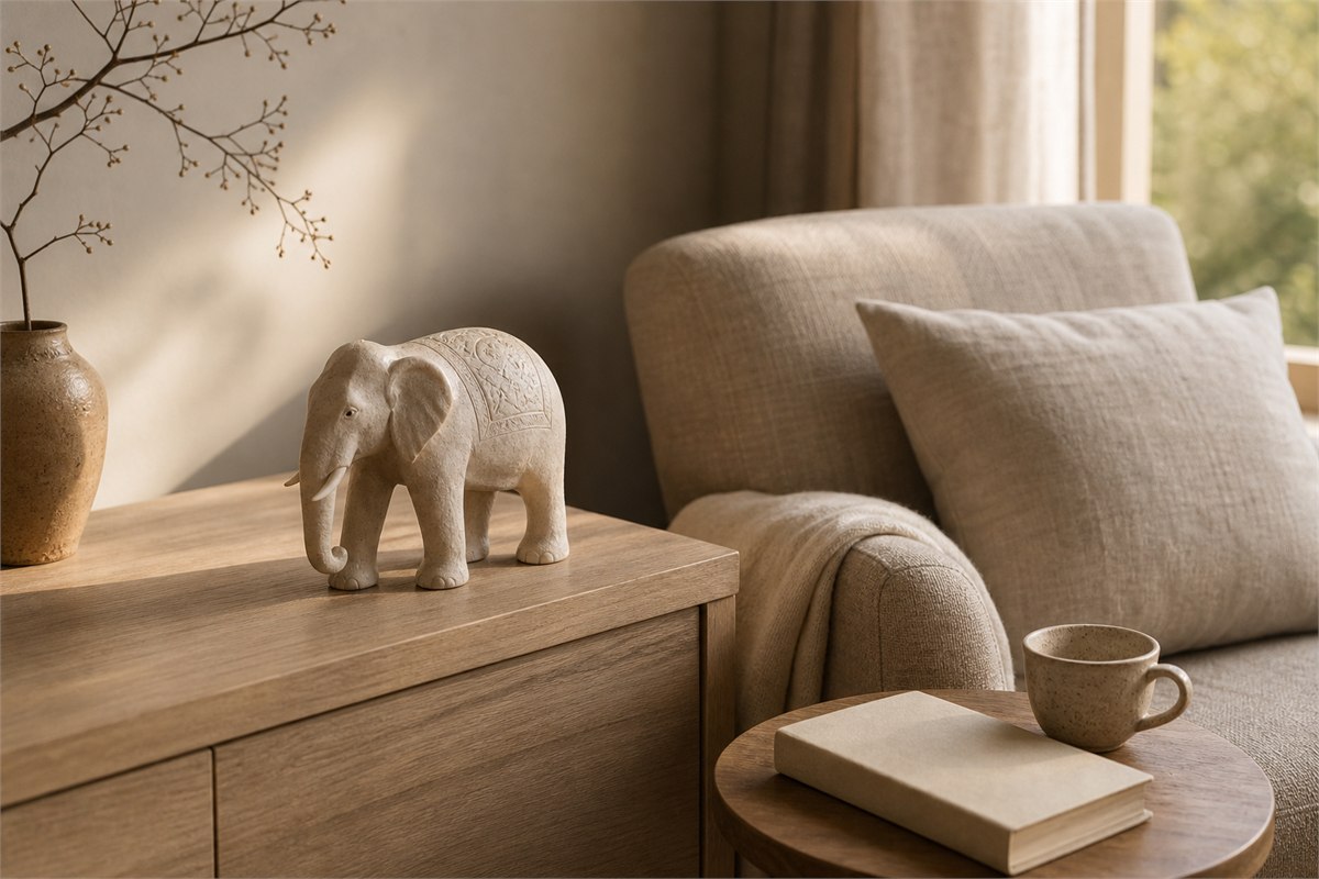 Pale stone elephant sculpture beside a linen chair in a quiet reading corner