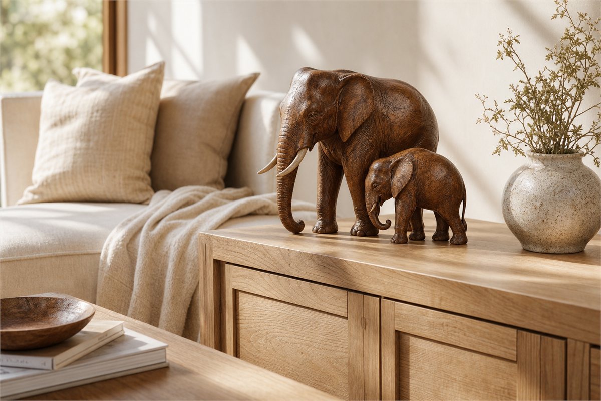 Carved wood adult elephant and calf on a living room cabinet
