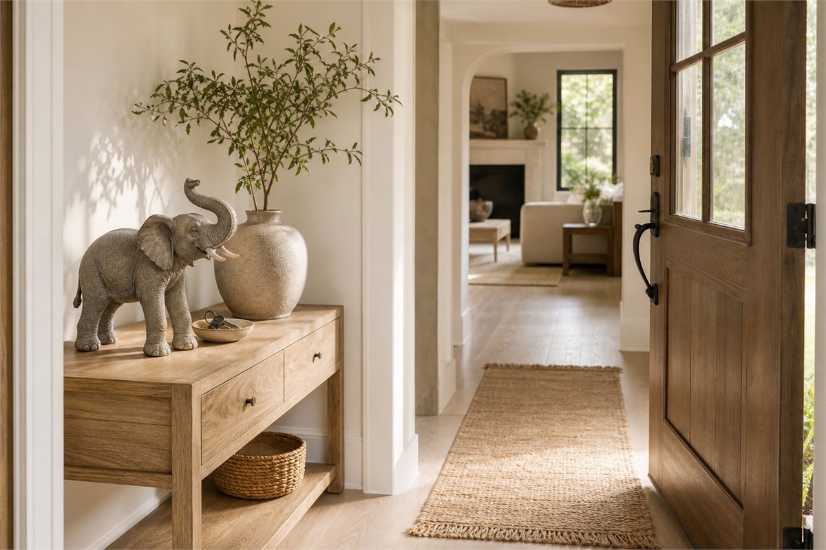 Stone elephant sculpture on an entryway console beside an open front door