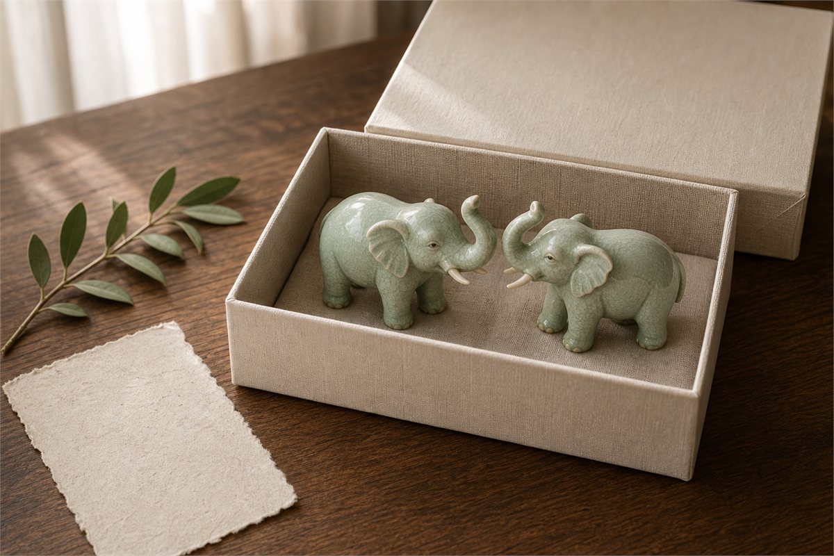 Pair of pale green ceramic elephant statues standing in a linen gift box
