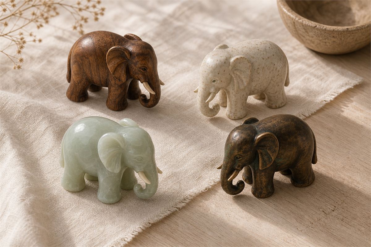 Four elephant sculptures made from jade-like stone, wood, ceramic, and aged bronze