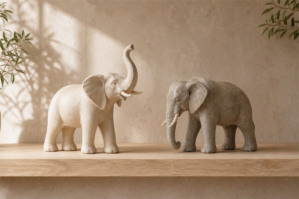 Two elephant sculptures with one trunk raised and one trunk lowered