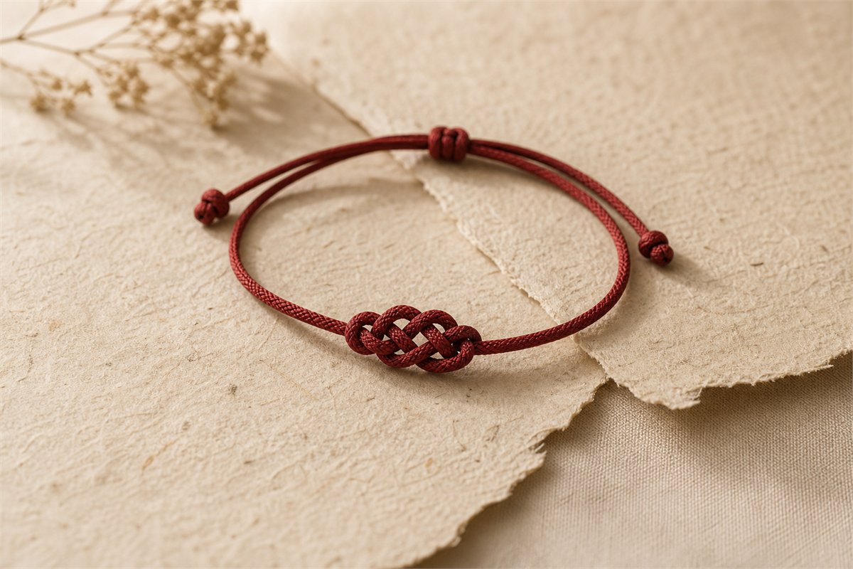 Deep-red cord bracelet with a continuous interlaced endless-knot motif on handmade paper