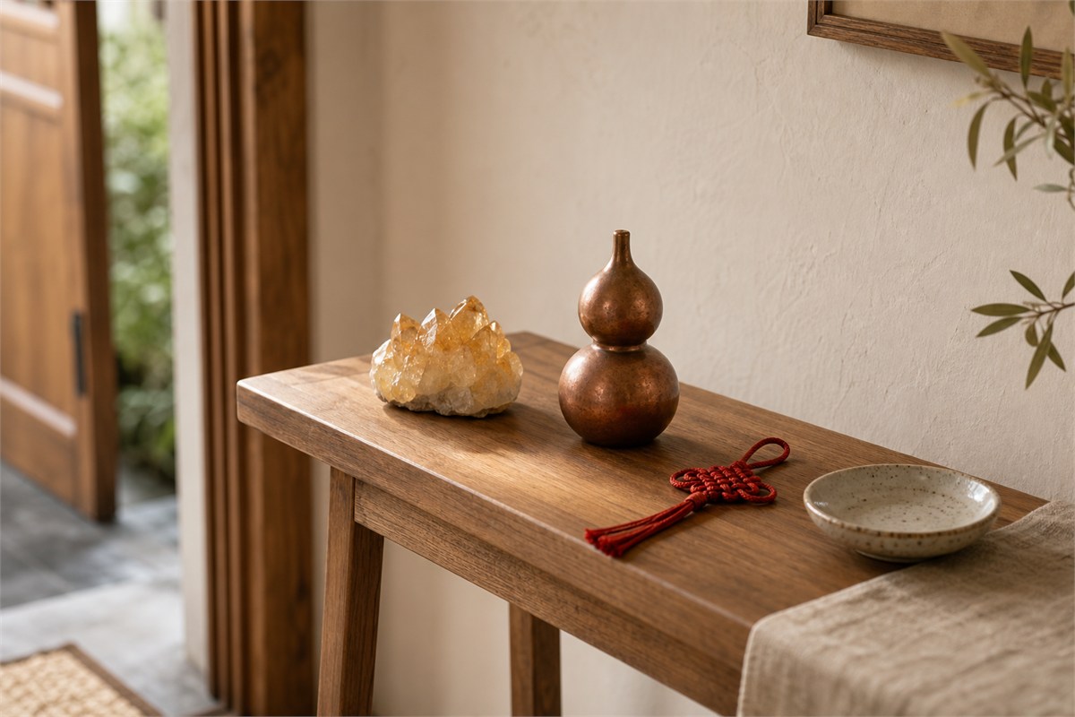 Small entry console with a natural citrine cluster, plain copper hulu form, and simple red cord knot
