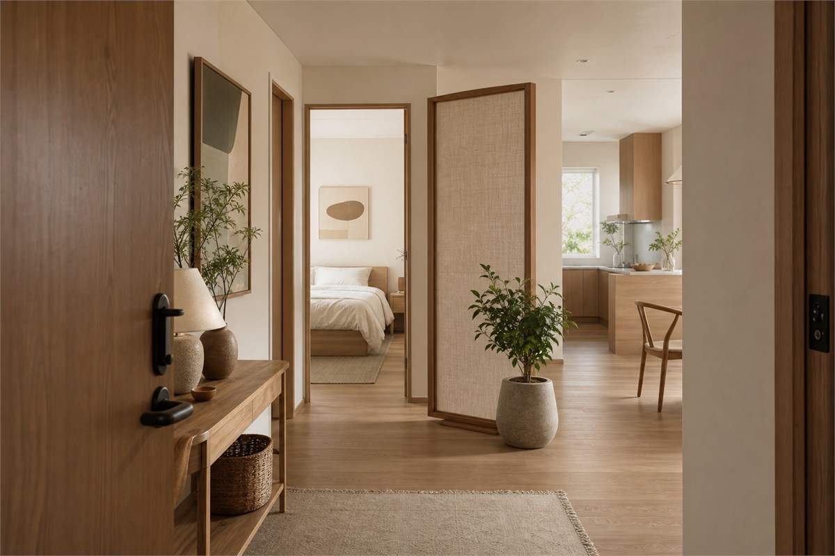 Slim entryway screen redirecting the first view away from a bedroom doorway toward calm artwork and greenery