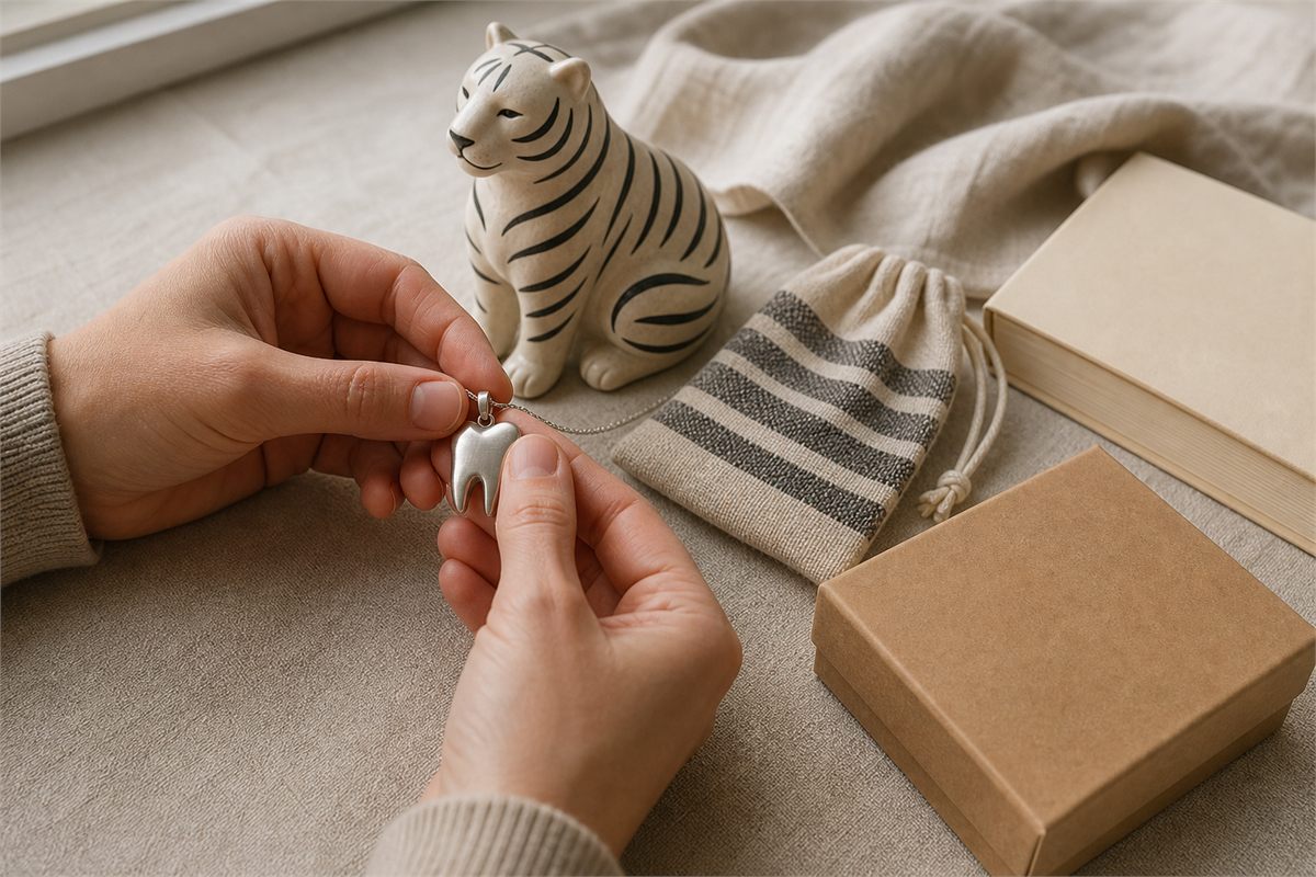 Adult hands checking a brushed-metal tooth-shaped pendant beside a ceramic tiger and textile pouch