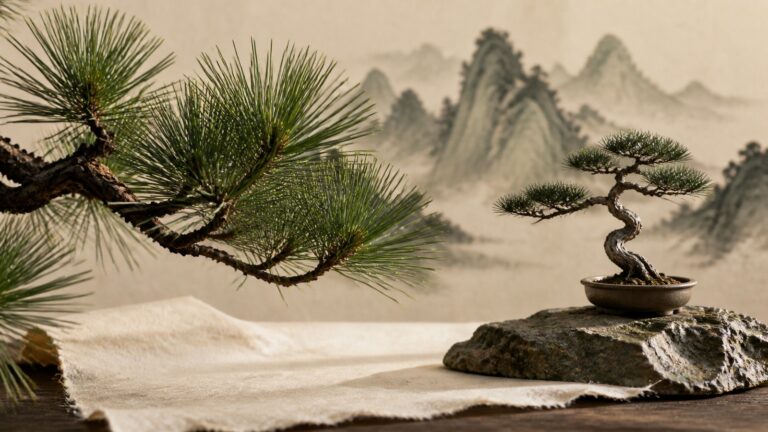 Evergreen pine branch and mountain scroll in a calm Eastern still life for resilience and longevity