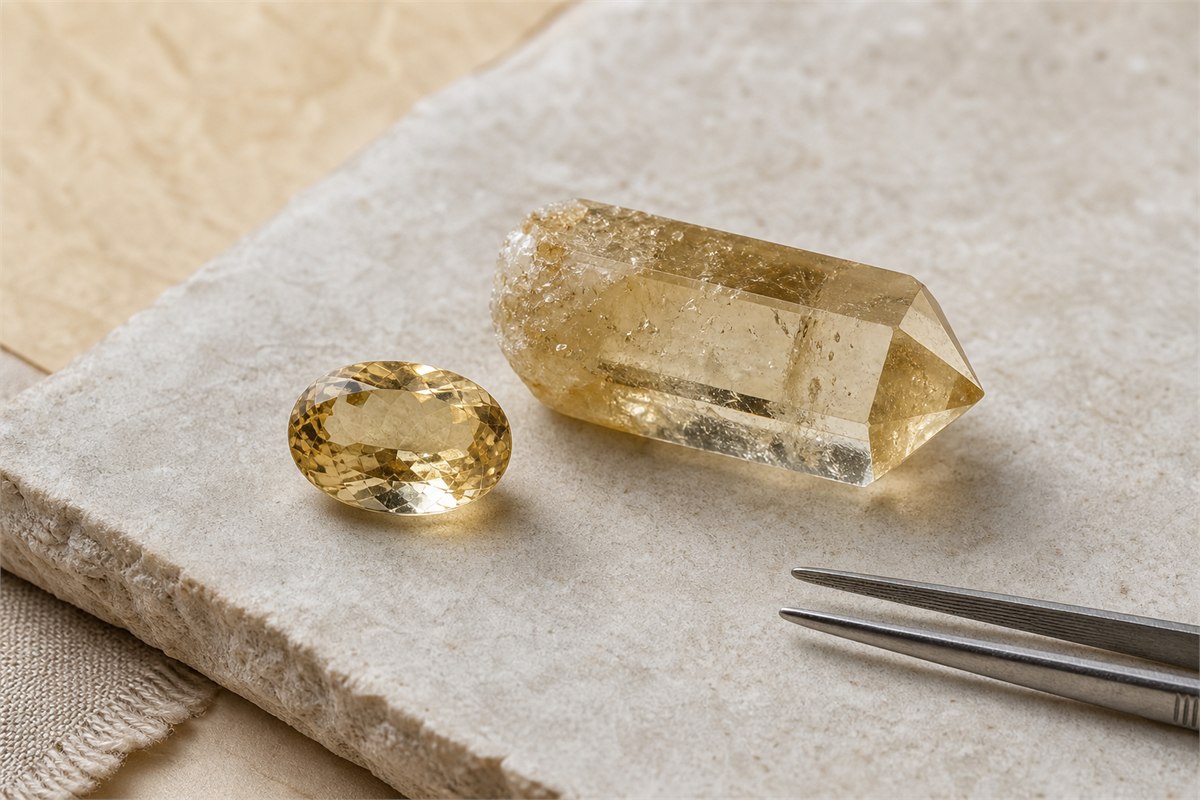 Transparent oval citrine beside a pale yellow natural quartz crystal on a neutral stone surface