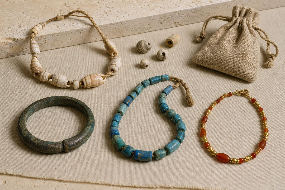 Shell and bone necklace, faience bead string, copper-alloy bracelet, and small gold-carnelian necklace
