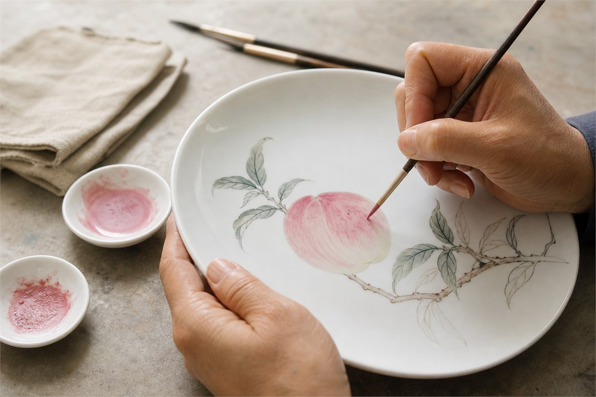 Artisan painting a softly shaded pink peach on white porcelain with overglaze enamels