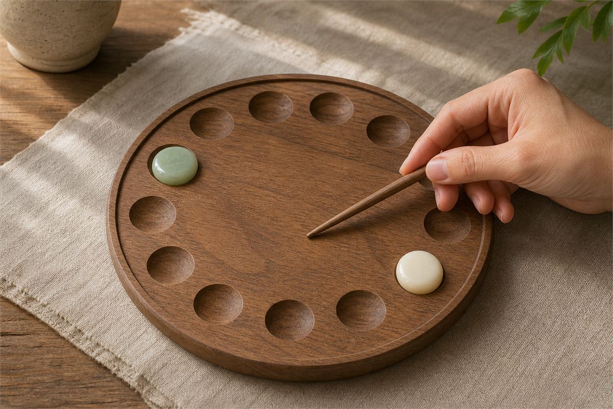 Hand placing two plain ceramic markers on an unlabeled twelve-position wooden comparison board