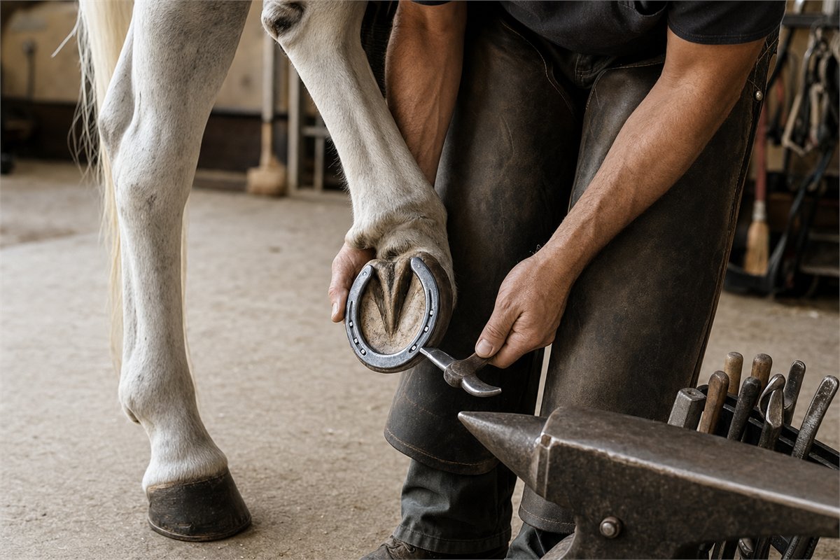 Farrier holding a horse's lower leg while fitting a metal shoe to the hoof