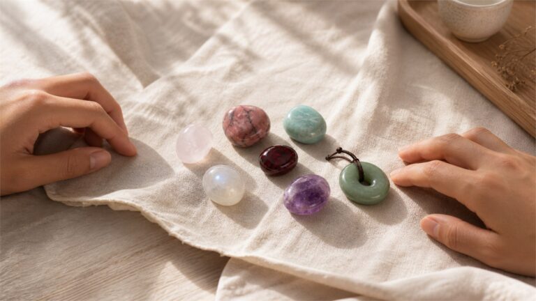 Seven relationship crystals arranged between two hands on warm ivory linen