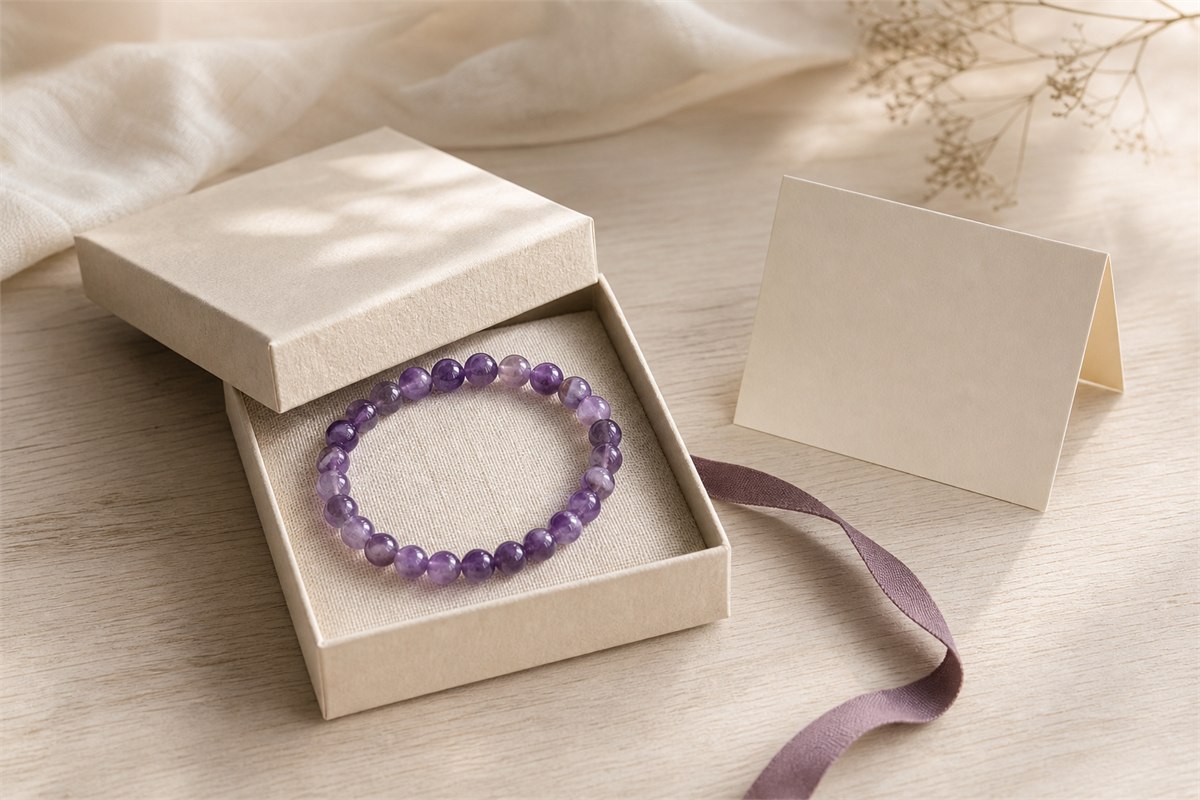 Amethyst bracelet in an ivory gift box beside a blank card and muted purple ribbon