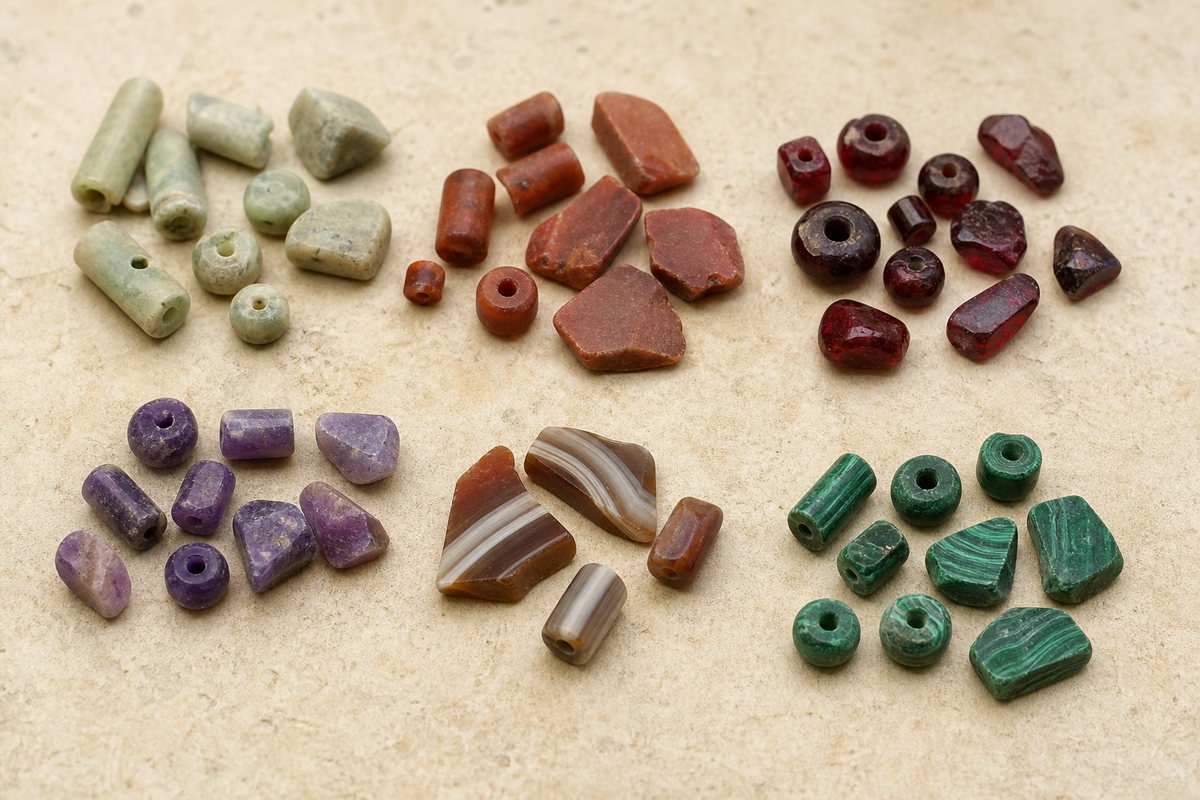 Feldspar, jasper, garnet, amethyst, agate, and malachite beads arranged in six separate groups