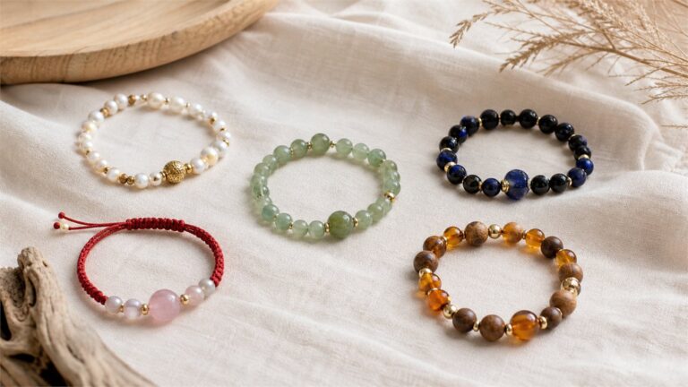 Five bracelet color families in white, green, black and blue, red and pink, and amber brown