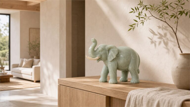 Pale green elephant sculpture on a wood console in a warm neutral home