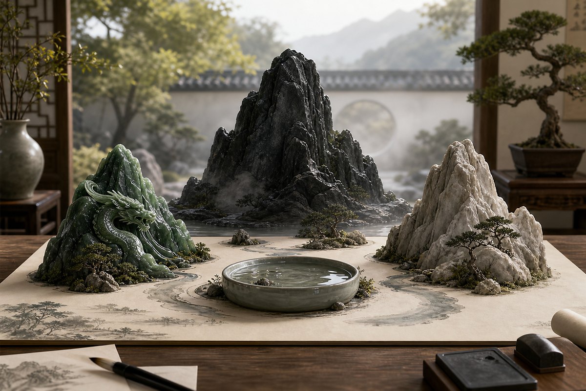 Four Symbols (四象) Feng Shui layout with left dragon, right tiger, front bird, and back tortoise forms