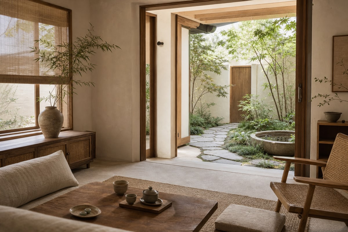 Warm living room opening to a garden with a curved path and small water basin