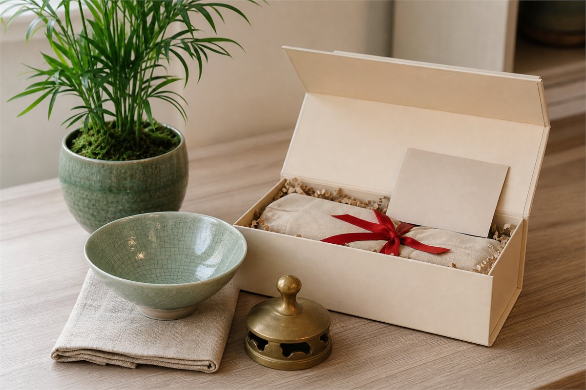 Ceramic bowl, brass object, linen cloth, parlor palm, and plain gift box with a red ribbon