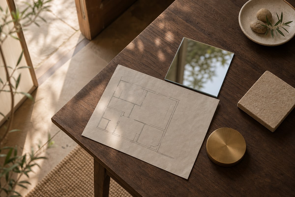 Blank floor plan, small mirror, material sample, and unmarked orientation tool near a room entrance