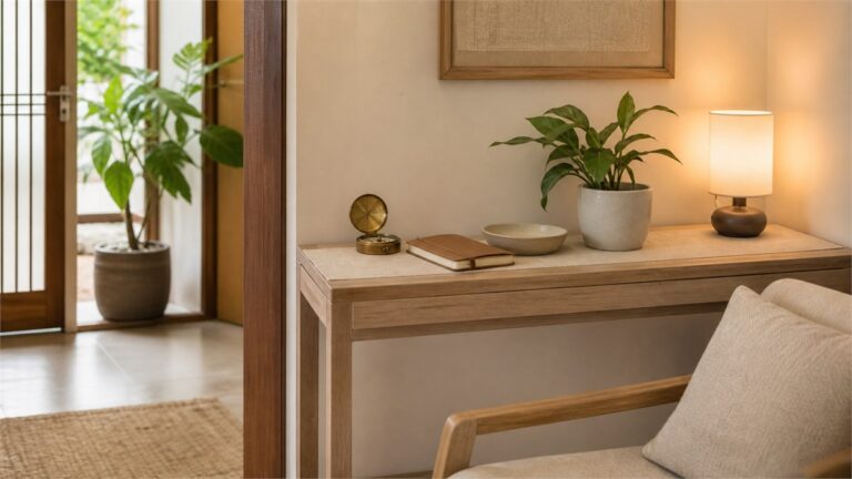 Warm modern home corner with a lamp, plant, ceramic bowl, notebook, and compass