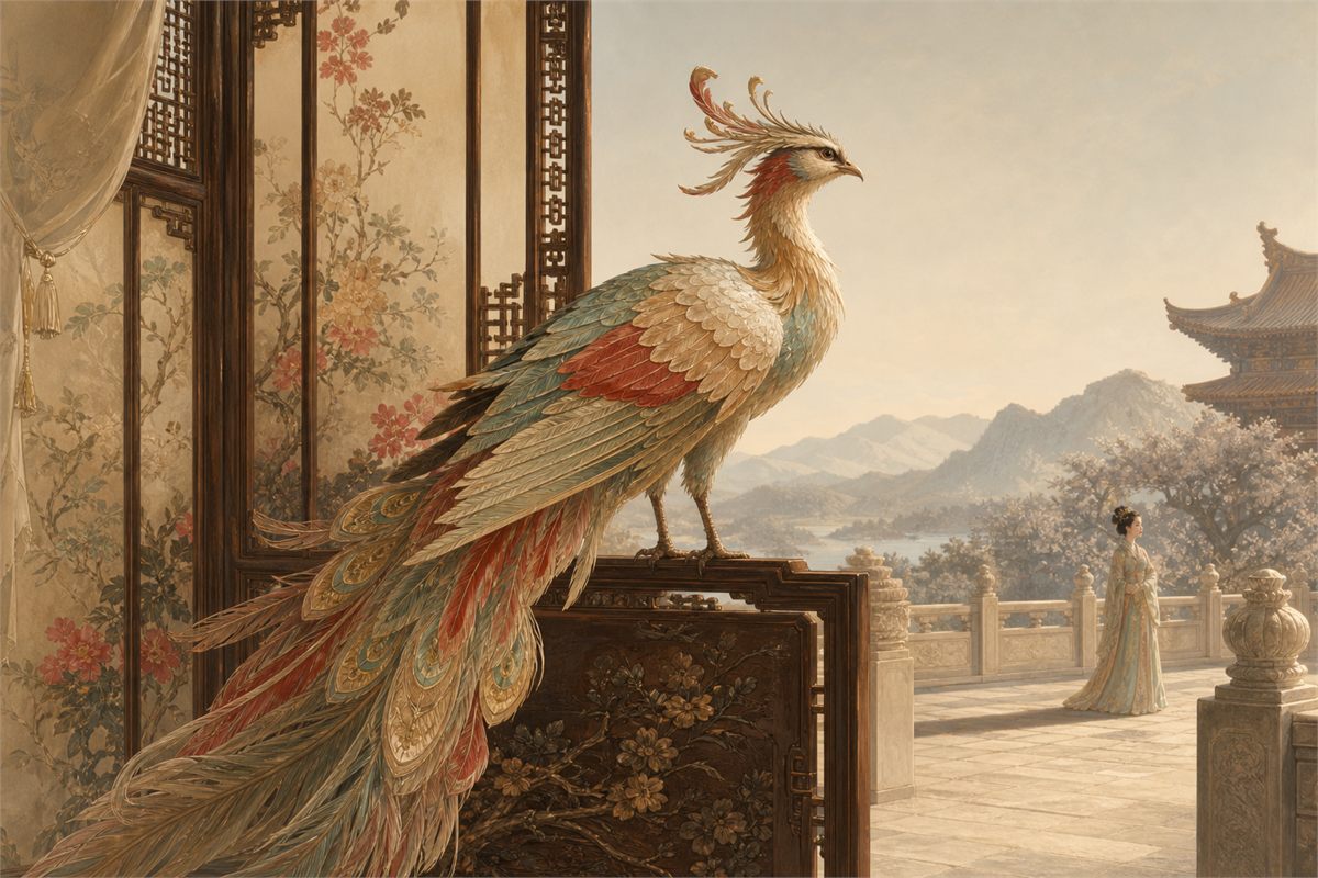 Ornamental fenghuang stands on a carved screen while a female court figure remains in the distance
