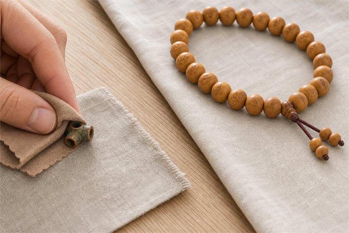 Removed copper spacer with green verdigris beside dry Fengyan Bodhi beads kept away from metal polish
