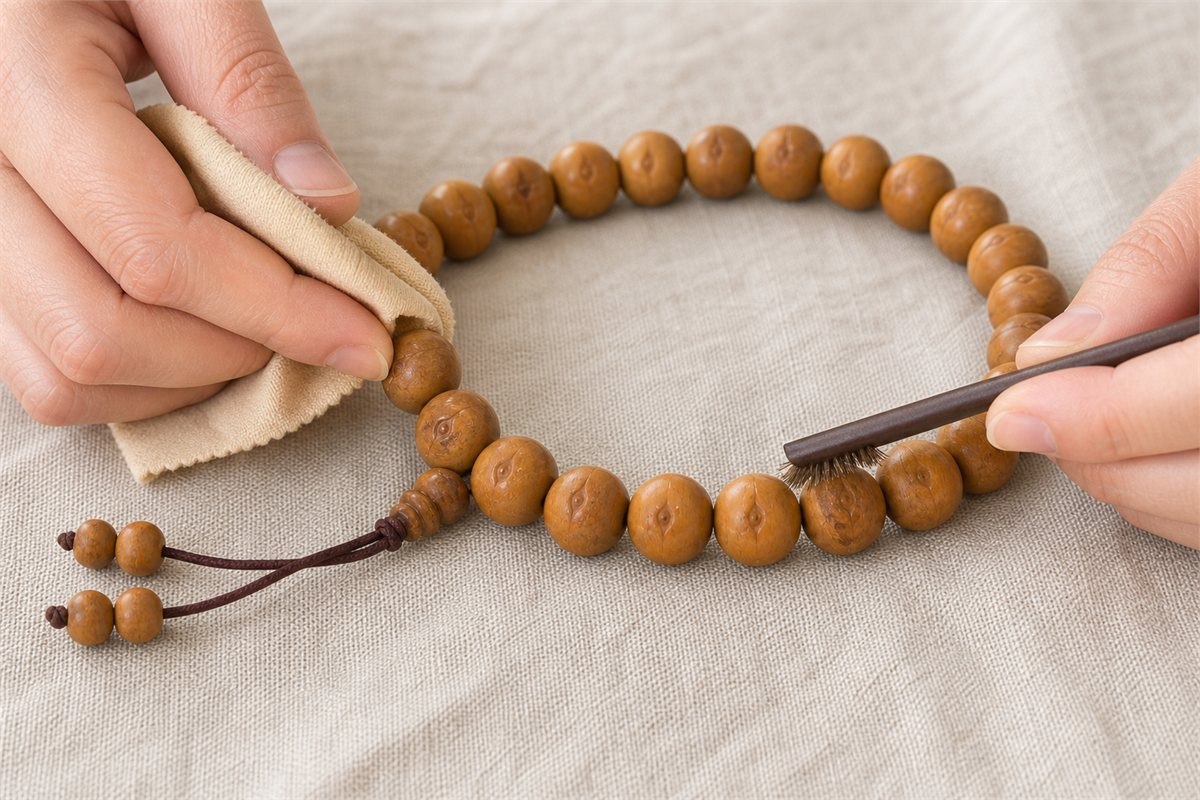 Dry chamois cleaning a mildly darkened Fengyan Bodhi bead before shaded ventilated rest