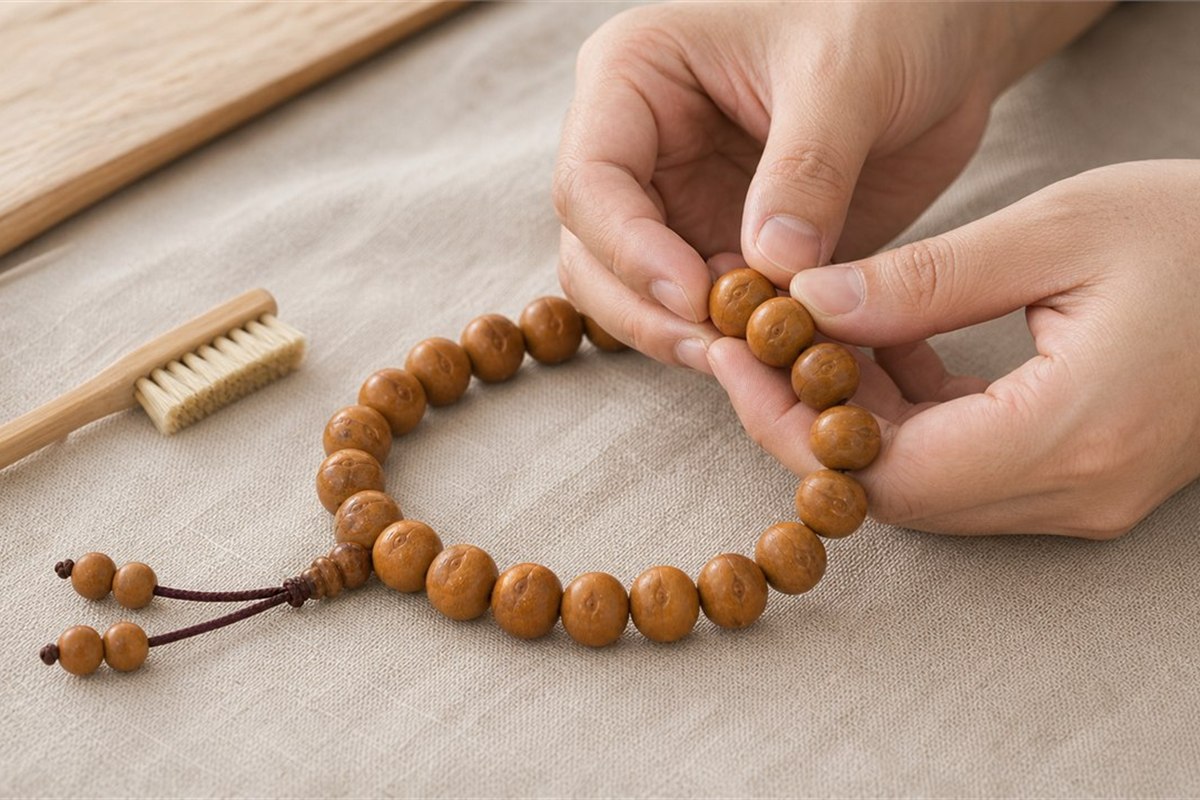 Clean dry hands turning honey-colored Fengyan Bodhi beads beside a soft natural-bristle brush