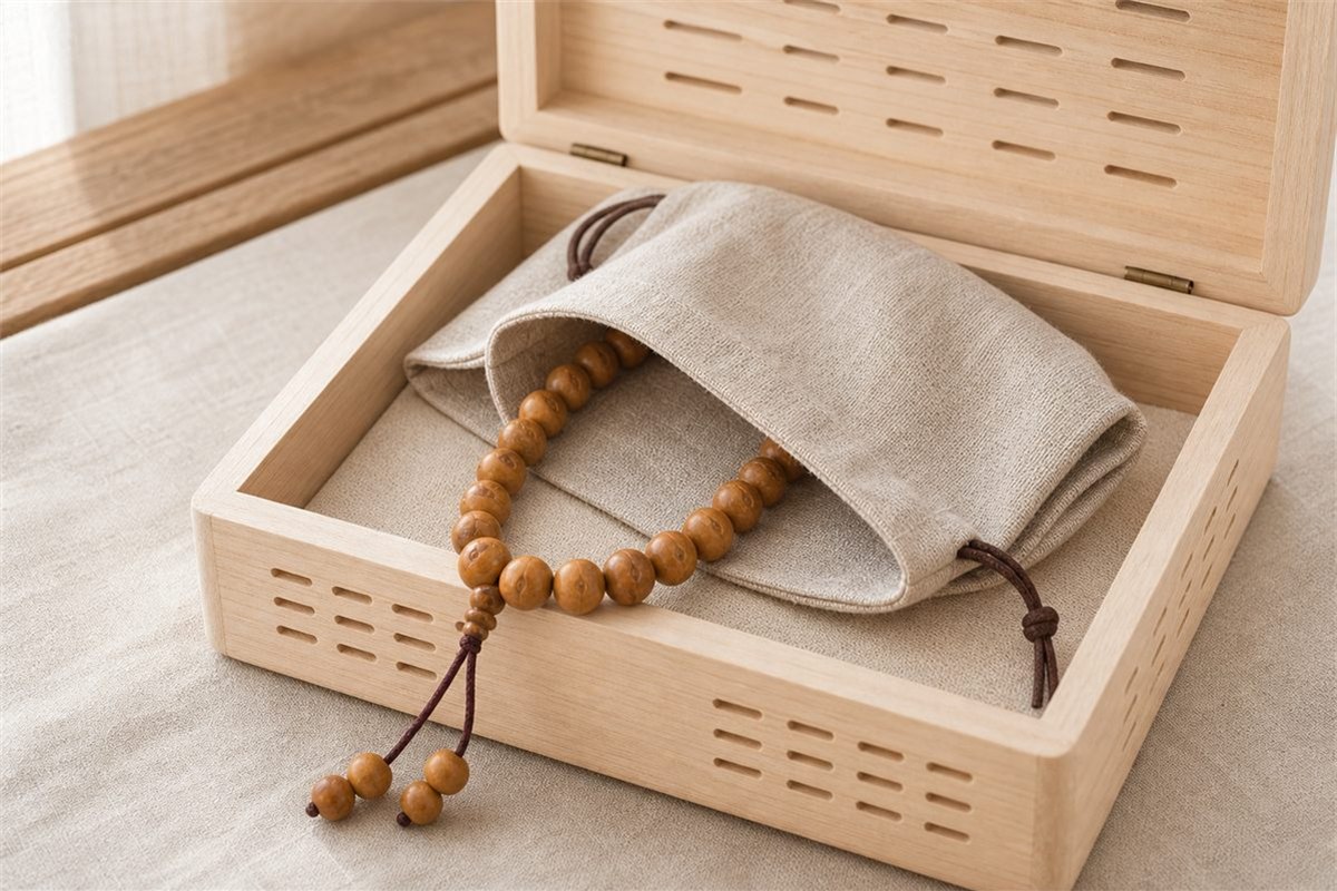 Dry Fengyan Bodhi bracelet stored in a breathable linen pouch inside a ventilated jewelry box