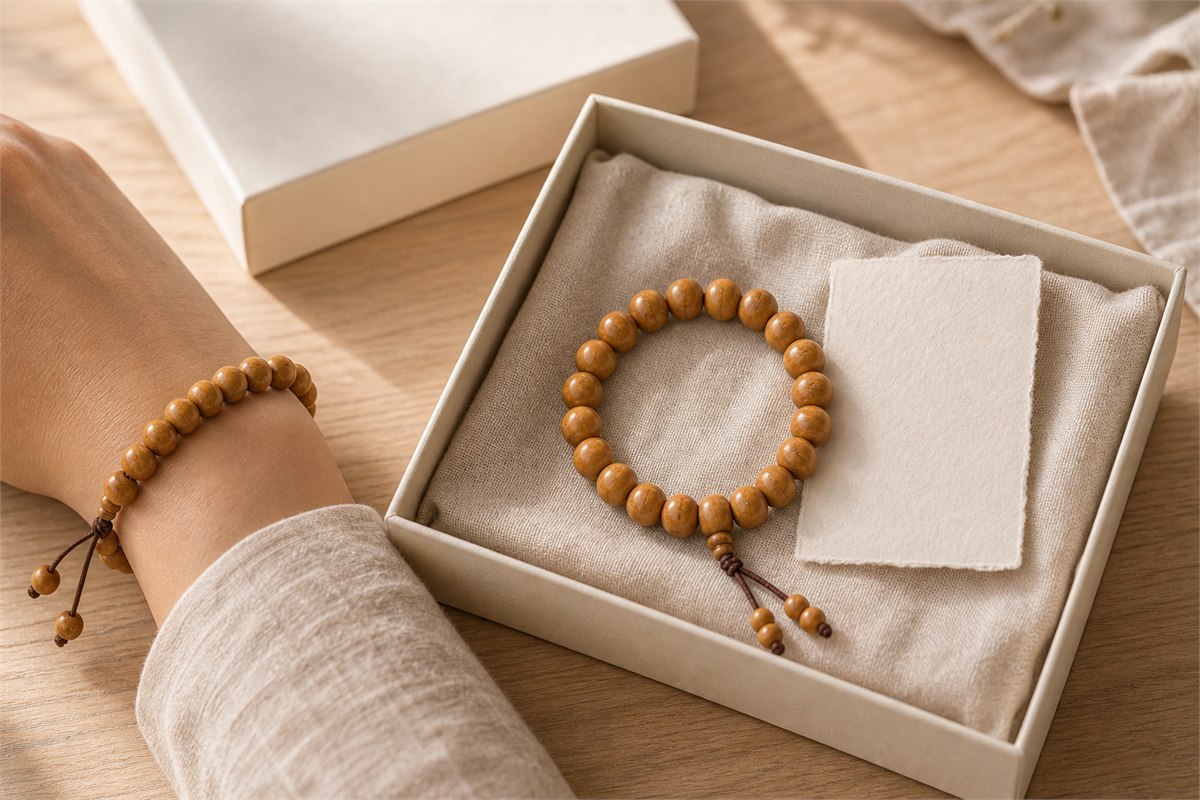 Mature Fengyan Bodhi bracelet presented in an ivory gift box with a blank handwritten card turned face down