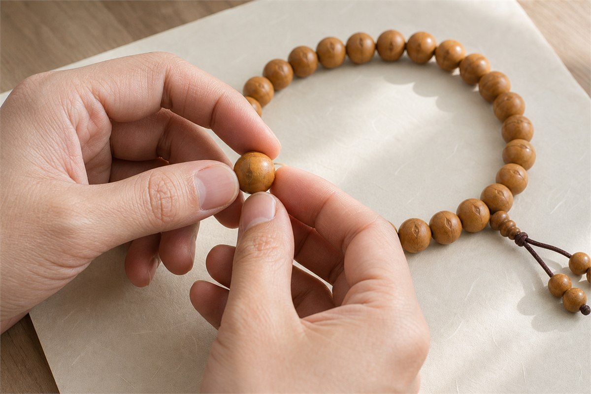 Hands inspecting Fengyan Bodhi bead skin, eye position, profile, and drilling in natural window light