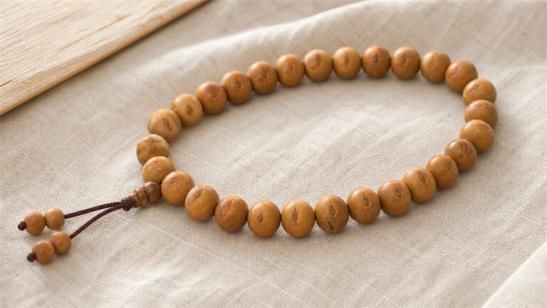 Fengyan Bodhi strand with natural narrow phoenix-eye markings on warm ginger-yellow seed beads