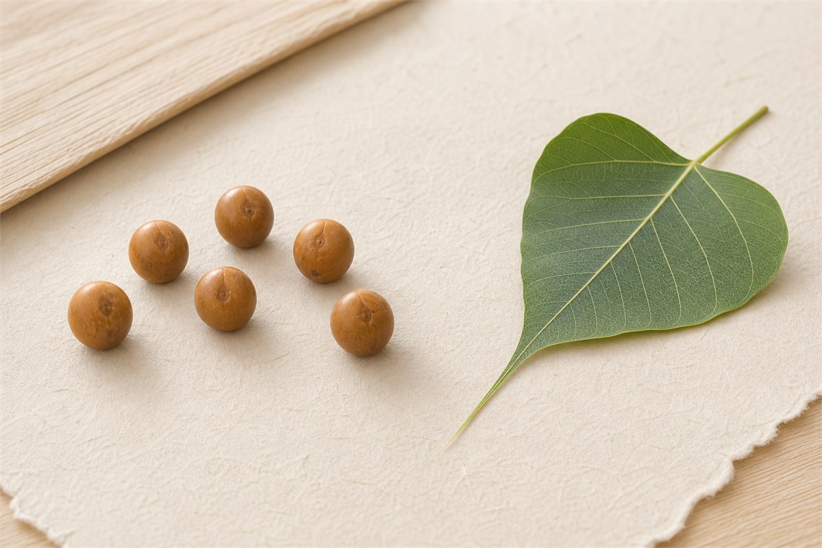 Fengyan Bodhi fruit stones beside a heart-shaped sacred fig leaf in a botanical still life