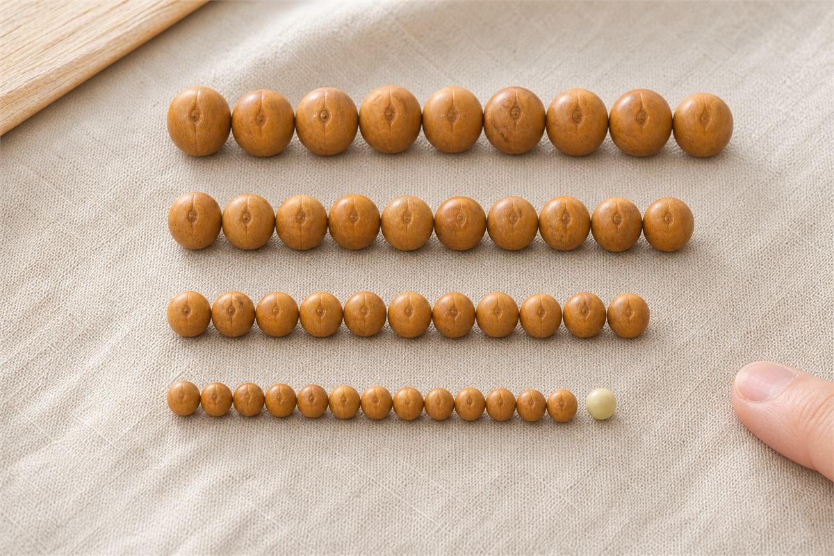 Fengyan Bodhi beads in large, beginner, fine, and very small sizes beside one pale immature low-density bead