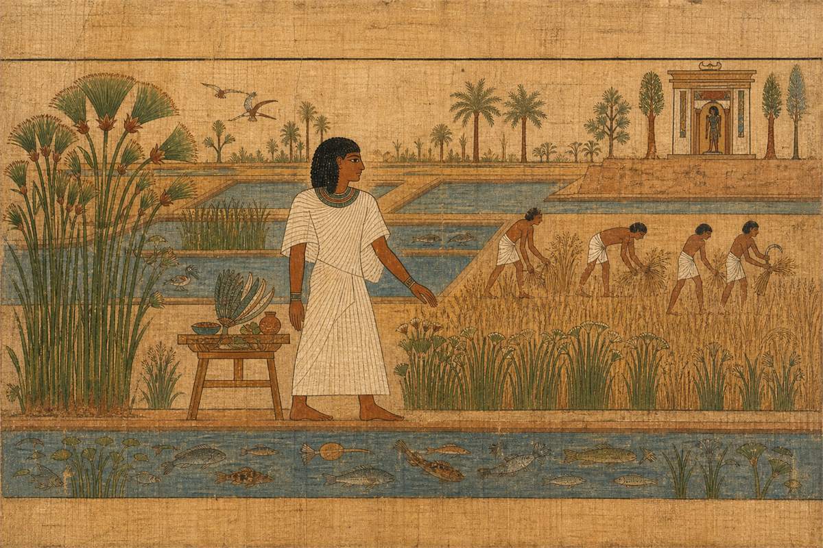 Educational papyrus reconstruction of a vindicated deceased person among waterways, grain, and offerings in the Field of Reeds