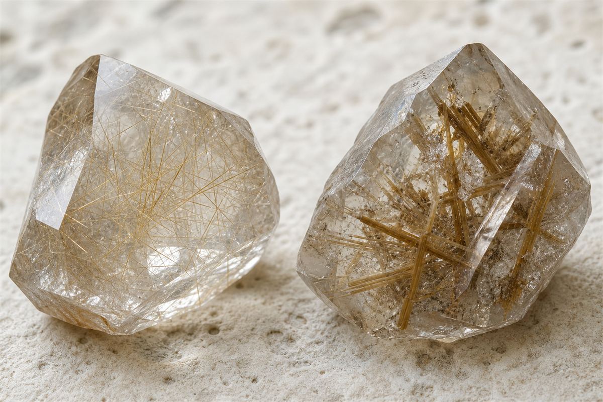 Two transparent quartz stones with fine golden rutile needles and coarser golden-brown rutile crystals