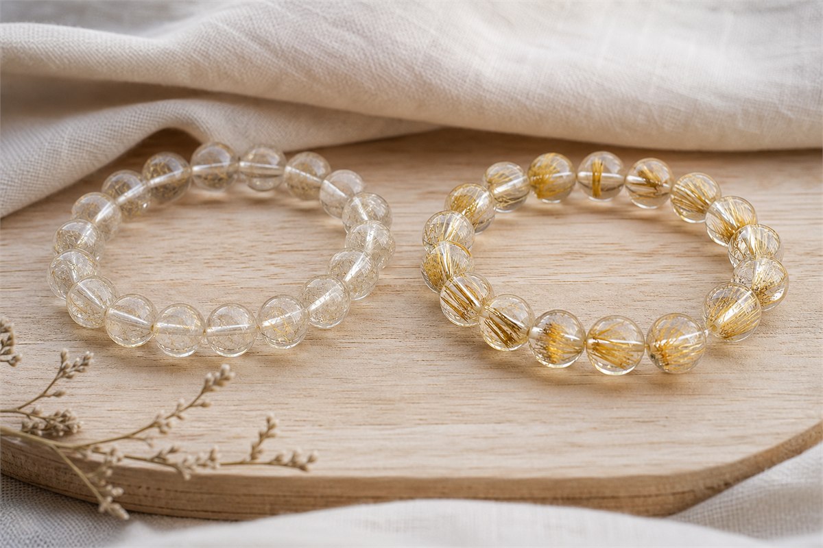 Two rutilated quartz bead bracelets comparing fine sparse golden needles with coarser bundled rutile sprays